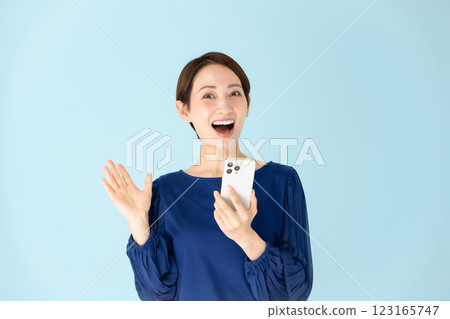 Woman, casual, portrait, smartphone, surprised, smiling Woman, casual, portrait, smartphone, surprised, smiling 123165747