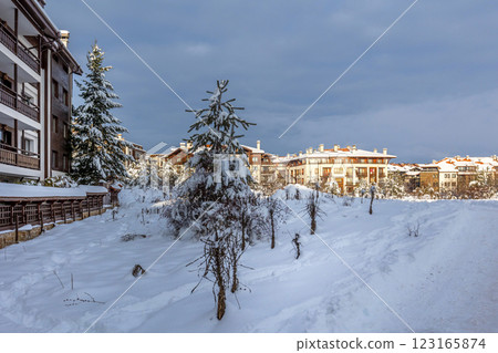 Bansko, Bulgaria winter street view and mountains Bansko, Bulgaria winter street view and mountains 123165874