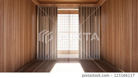 Empty scene Tiles wooden wall design on mini bathroom. 3D illustration rendering Empty scene Tiles wooden wall design on mini bathroom. 3D illustration rendering 123166117