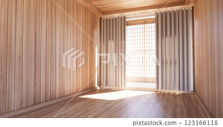 Empty scene Tiles wooden wall design on mini bathroom. 3D illustration rendering 123166118