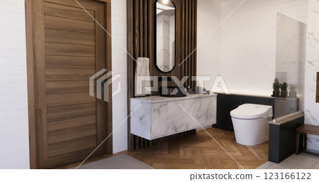 Two tone black and white Mockup scene bathroom with shower and Toilet and decoration on modern toilet room japanese style .3D rendering Two tone black and white Mockup scene bathroom with shower and Toilet and decoration on modern toilet room japanese style .3D rendering 123166122