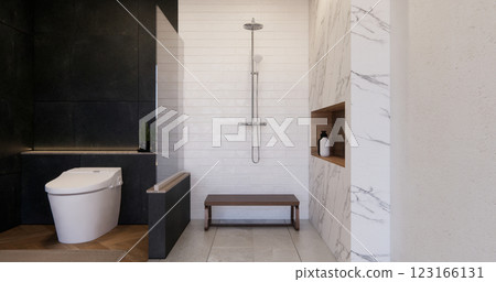 Two tone black and white Mockup scene bathroom with shower and Toilet and decoration on modern toilet room japanese style .3D rendering Two tone black and white Mockup scene bathroom with shower and Toilet and decoration on modern toilet room japanese style .3D rendering 123166131