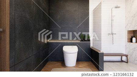 Two tone black and white Mockup scene bathroom with shower and Toilet and decoration on modern toilet room japanese style .3D rendering Two tone black and white Mockup scene bathroom with shower and Toilet and decoration on modern toilet room japanese style .3D rendering 123166132