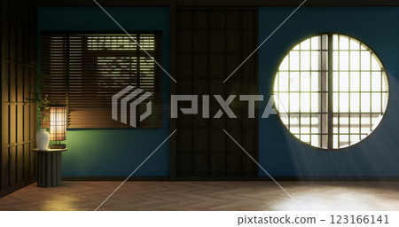 blue color wall room and japan door Looking from the window light shining through outside. 123166141