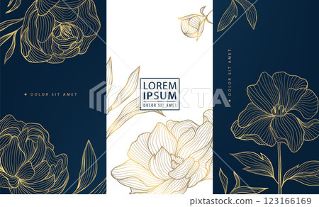 Vector set of gold line floral patterns, luxury elegant nature design, leaf modern flower backgrounds. Royal package, wine, cosmetic vip product, art deco elements. 123166169