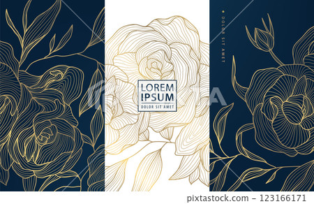 Vector set of gold line floral patterns, luxury elegant nature design, leaf modern flower backgrounds. Royal package, wine, cosmetic vip product, art deco elements. 123166171