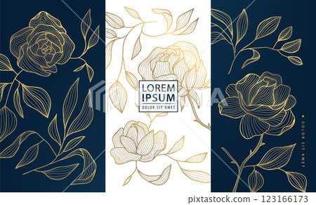 Vector set of gold line floral patterns, luxury elegant nature design, leaf modern flower backgrounds. Royal package, wine, cosmetic vip product, art deco elements. 123166173
