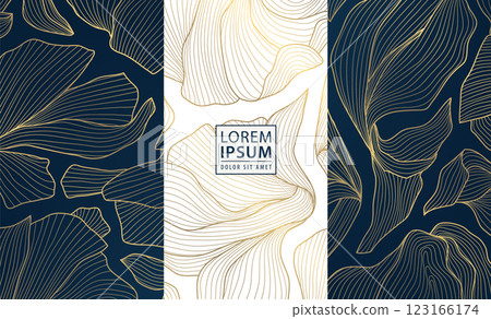 Vector set of gold line floral patterns, luxury elegant nature design, leaf modern flower backgrounds. Royal package, wine, cosmetic vip product, art deco elements. Vector set of gold line floral patterns, luxury elegant nature design, leaf modern flower backgrounds. Royal package, wine, cosmetic vip product, art deco elements. 123166174