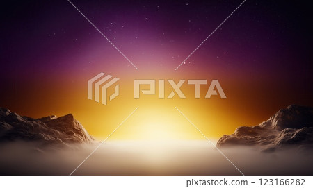 Surreal landscape with neon colors. Clouds on the bottom, Mountain left and right, light on the horizon and purple sky 123166282