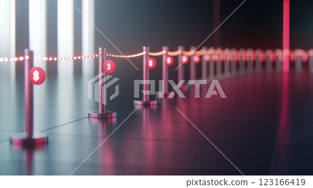 People barrier in neon lights with money signs, link to Decentralized Blockchain Software Hub Glowing Transaction Nodes Security Locks, Real Time Data Encryption 123166419