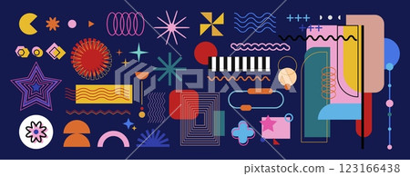 Pattern icon. Abstract element design. Graphic shapes. Geometric form. Line circle. Modern Memphis logo with dot texture. Color square. Minimalist style composition. Vector minimal art figures set 123166438