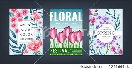 Springtime leaves poster. March spring watercolor for woman, nature flowers. Vintage style tulips composition for mother, flower petals. Realistic isolated botanical elements. Vector postcard set Springtime leaves poster. March spring watercolor for woman, nature flowers. Vintage style tulips composition for mother, flower petals. Realistic isolated botanical elements. Vector postcard set 123166448