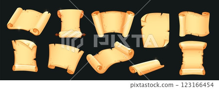 Map from parchment. Game cartoon icon, old scroll paper. Treasure in papyrus, medieval letter. Magic UI set. Antique manuscript, witch spell, flat style isolated illustration set. Vector tidy roll 123166454