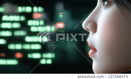 Futuristic AI Interface Detecting Speech in Real Time, Language Translation with Neon Holographic Text, asian lady head profile on the right 123166474