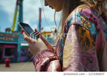 woman uses her smartphone outdoors, generative AI 123166607