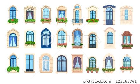 Glass windows panels cartoon vector set. Transparent cornice shutters old classical modern glazing borders, facade frame outdoor building decor elements, arched crystal openings, isolated vectors 123166761