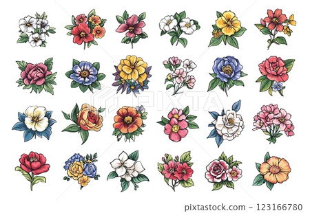 Floral bouquets cartoon vector set. Flower blossoms petals buds foliage rose leafs, garden flowering chrysanthemum countryside plants blooming greenery, botanical natural flora isolated artworks 123166780