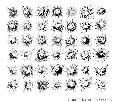 Detonation bursts explosion black ink vector collection. Explosive ant destruction smoke surge marks, shockwave outburst ammunition conflict rockets projectiles bombs dynamite isolated blasts 123166820