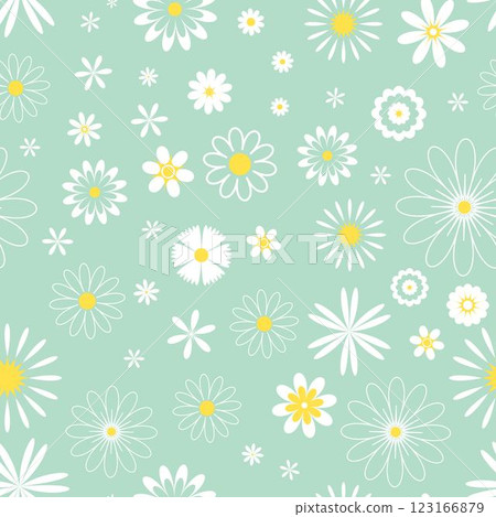 Delicate spring seamless pattern with field chamomile, daisies and other flowers 123166879