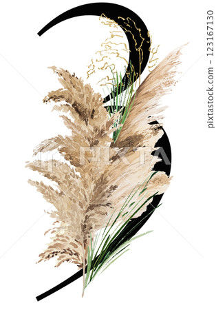 Black number 3 with watercolor biege and golden dried pampas grass, tropical wedding illustration Black number 3 with watercolor biege and golden dried pampas grass, tropical wedding illustration 123167130