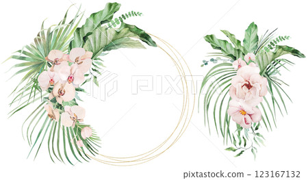 Frame and bouquet with green watercolor tropical leaves and pink orchid flowers, illustration 123167132