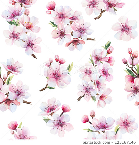 Seamless pattern with watercolor pink cherry flowers and green leaves, wedding sakura isolated illustration Seamless pattern with watercolor pink cherry flowers and green leaves, wedding sakura isolated illustration 123167140