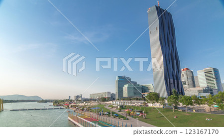 Donaustadt Danube City timelapse hyperlapse is a modern quarter with skyscrapers and business centres in Vienna, Austria. Donaustadt Danube City timelapse hyperlapse is a modern quarter with skyscrapers and business centres in Vienna, Austria. 123167170