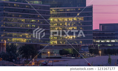 Donaustadt Danube City night to day timelapse is a modern quarter with skyscrapers and business centres in Vienna, Austria. Donaustadt Danube City night to day timelapse is a modern quarter with skyscrapers and business centres in Vienna, Austria. 123167177