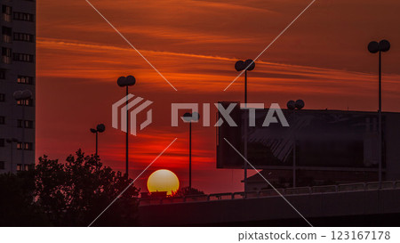 Sunrise near Donaustadt Danube City modern quarter with skyscrapers and business centres timelapse in Vienna, Austria. 123167178
