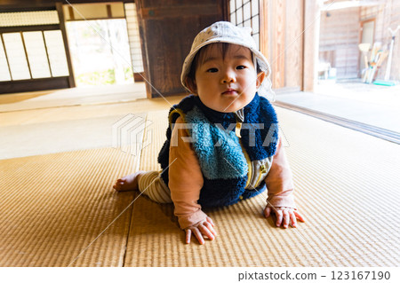 Small Japanese toddler on a tatami mat 123167190