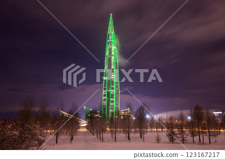 During the New Year holidays, the Lakhta Center building turned into a New Year tree. St. Petersburg, Russia. During the New Year holidays, the Lakhta Center building turned into a New Year tree. St. Petersburg, Russia. 123167217