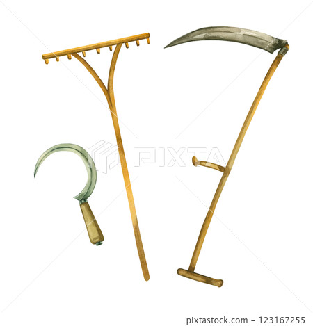 Garden tools, antique harvesting tools, metal sickle, scythe, wooden rake, all objects are hand painted with watercolor. Suitable for design, creativity, printing on fabric and paper. Garden tools, antique harvesting tools, metal sickle, scythe, wooden rake, all objects are hand painted with watercolor. Suitable for design, creativity, printing on fabric and paper. 123167255