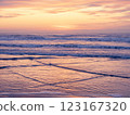 The crimson-hued sea and sky before sunrise at Kujukuri Coast 123167320