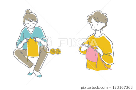 Illustration set of a person knitting with yarn Illustration set of a person knitting with yarn 123167363