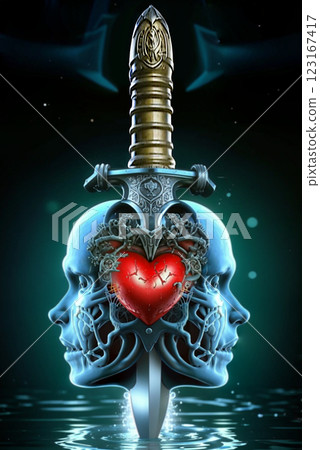 The beautiful sword of justice. A sword with a beautiful hilt pierces the human heart. 123167417