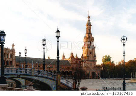 Plaza de Espana in seville at sunset: architectural beauty and historic charm. Spain Square, Plaza 123167436