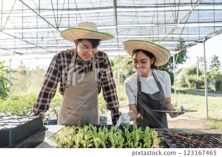 Young gardeners smiling while cultivating cannabis seedlings in a sunny greenhouse, promoting teamwork and care 123167465