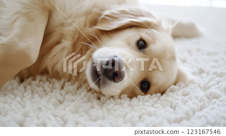 可愛的黃金獵犬躺在地毯上 123167546