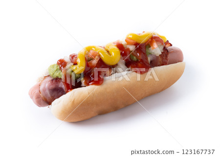 Sonoran hot dog. Traditional Mexican hot dog isolated on white background 123167737