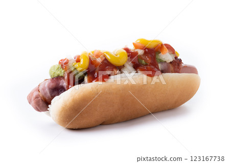 Sonoran hot dog. Traditional Mexican hot dog isolated on white background Sonoran hot dog. Traditional Mexican hot dog isolated on white background 123167738