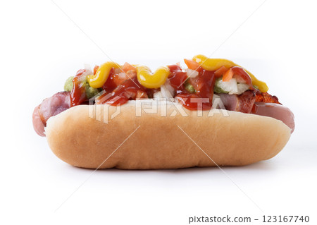 Sonoran hot dog. Traditional Mexican hot dog isolated on white background 123167740