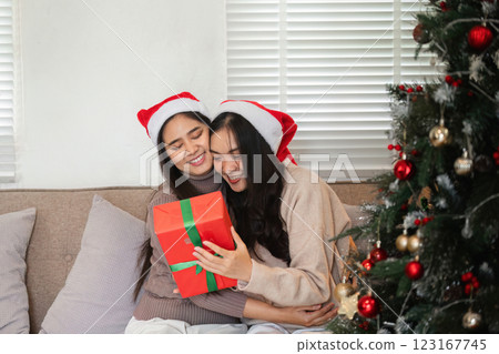 Joyful Lesbian Couple Celebrating Christmas Together with Gifts and Festive Decorations in Cozy Home Setting 123167745