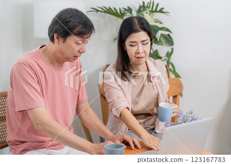 Mature couple collaborating on a laptop at home, discussing plans. Mature couple collaborating on a laptop at home, discussing plans. 123167783