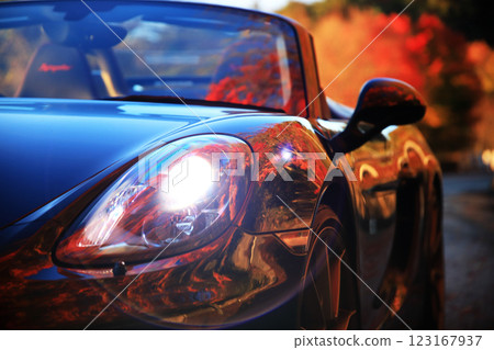 A black convertible with autumn leaves reflected on the body 123167937