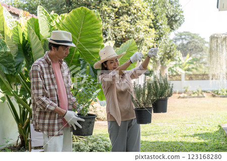 Diverse couple showcasing potted herbs while gardening in a sunny backyard. 123168280