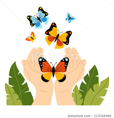 Hands releasing colorful rainbow butterflies into nature. Symbolizing freedom, nature, and transformation. Vector illustration perfect for zero discrimination day, celebrate, greeting card, etc Hands releasing colorful rainbow butterflies into nature. Symbolizing freedom, nature, and transformation. Vector illustration perfect for zero discrimination day, celebrate, greeting card, etc 123168466