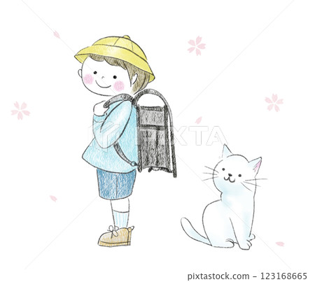 A child carrying a school bag, a cat, and cherry blossoms 123168665