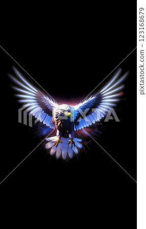 An eagle in flight with white plumage. An eagle flaps its wings on a black background. 123168679