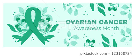 Ovarian Cancer Awareness Month Banner with Teal Ribbon, Floral Patterns, and Nature-Inspired Graphics Promoting Health and Support 123168724