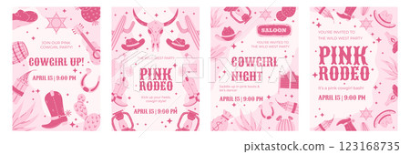 Set of pink Wild West-themed party poster templates with cowboy and rodeo illustrations. Cartoon vector design for event promotion. Poster mockups for greeting cards, invitations, or banners. 123168735